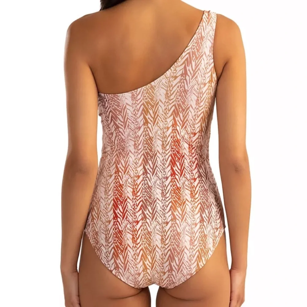 Shoshanna One Piece Swimsuit One Shoulder Chain Detail Amber Safari Print Size 4